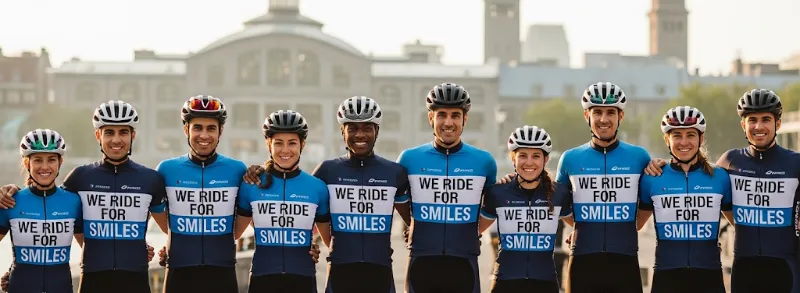 Fotografía realista generada por IA de ciclistas con maillots 'We Ride For Smiles'.
