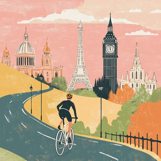 Poster representing a cycling with the Eiffel tower and Big Ben in the background.